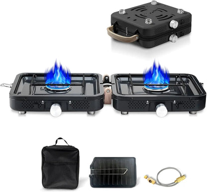 Hengriacly Campingkocher, Collapsible & Tragbare, Gaskocher 2 Flammig mit Piezo-Zündung, inkl. Grillplatte & Gasschlauch, für Outdoor BBQ, Wandern & Notfälle, Butan