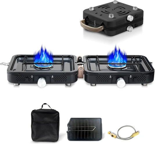 Hengriacly Campingkocher, Collapsible & Tragbare, Gaskocher 2 Flammig mit Piezo-Zündung, inkl. Grillplatte & Gasschlauch, für Outdoor BBQ, Wandern & Notfälle, Butan