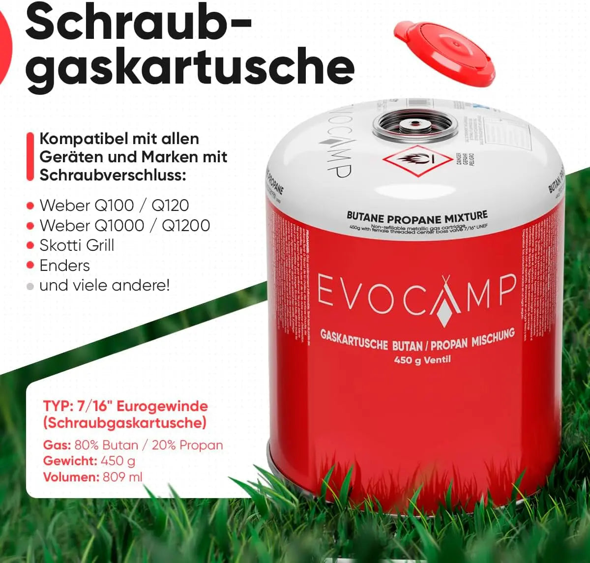 3X Propan Butan Gaskartuschen 450g einsetzbar für Weber Grills Q100/1000-Serien, Schraubkartusche Eurogewinde 7/16", Ventilkartusche 809ml mit Sicherheits-Verschlussautomatik