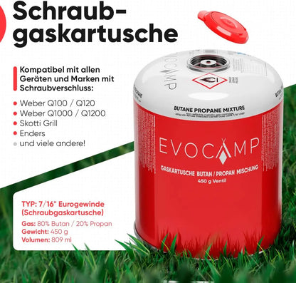 3X Propan Butan Gaskartuschen 450g einsetzbar für Weber Grills Q100/1000-Serien, Schraubkartusche Eurogewinde 7/16", Ventilkartusche 809ml mit Sicherheits-Verschlussautomatik