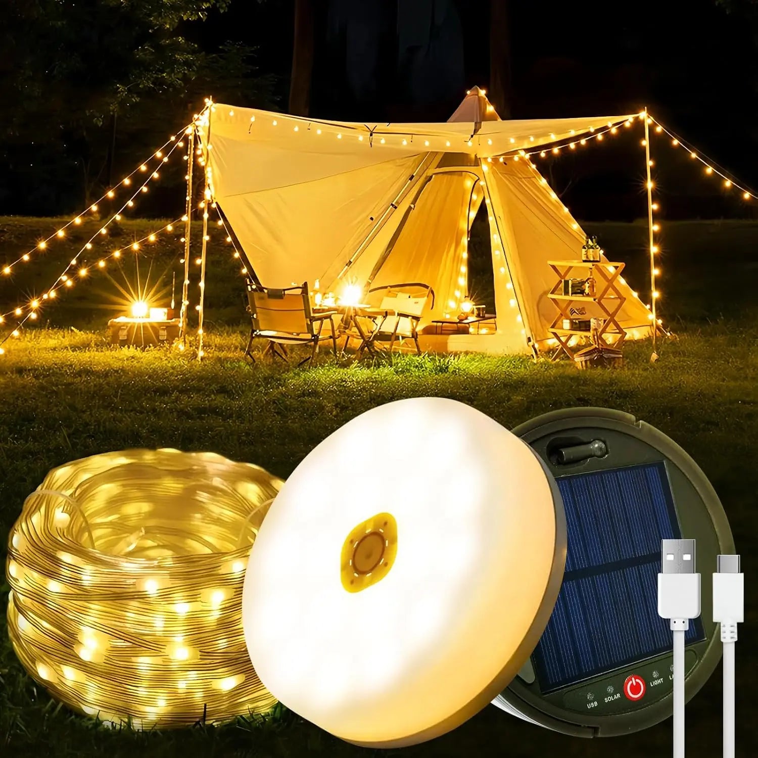 camping lichterkette Camping Lichterkette Aufrollbar, 12M Solar Camping Lichterkette Aufen, Wiederaufladbar