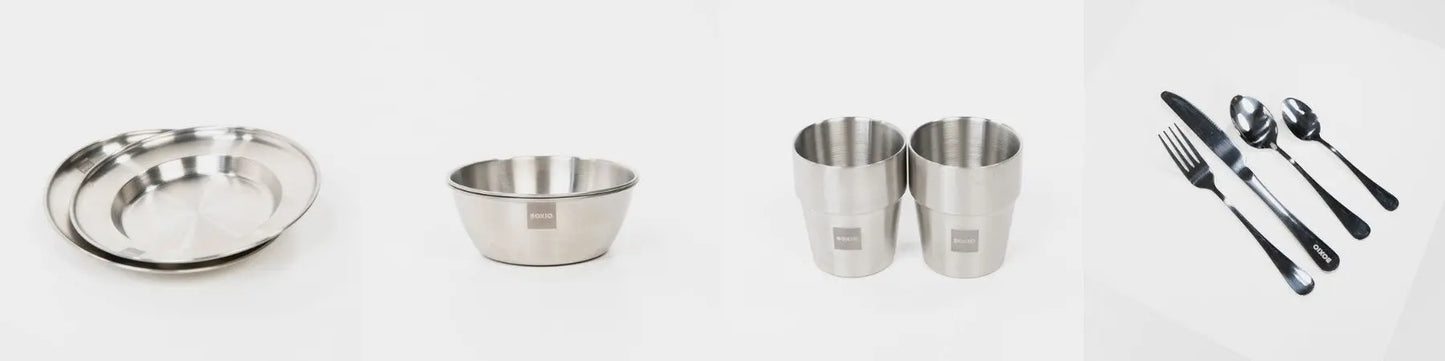 Miet-Zubehör Geschirr-Set für zwei: BOXIO PLATE, BOWL, CUP und EAT